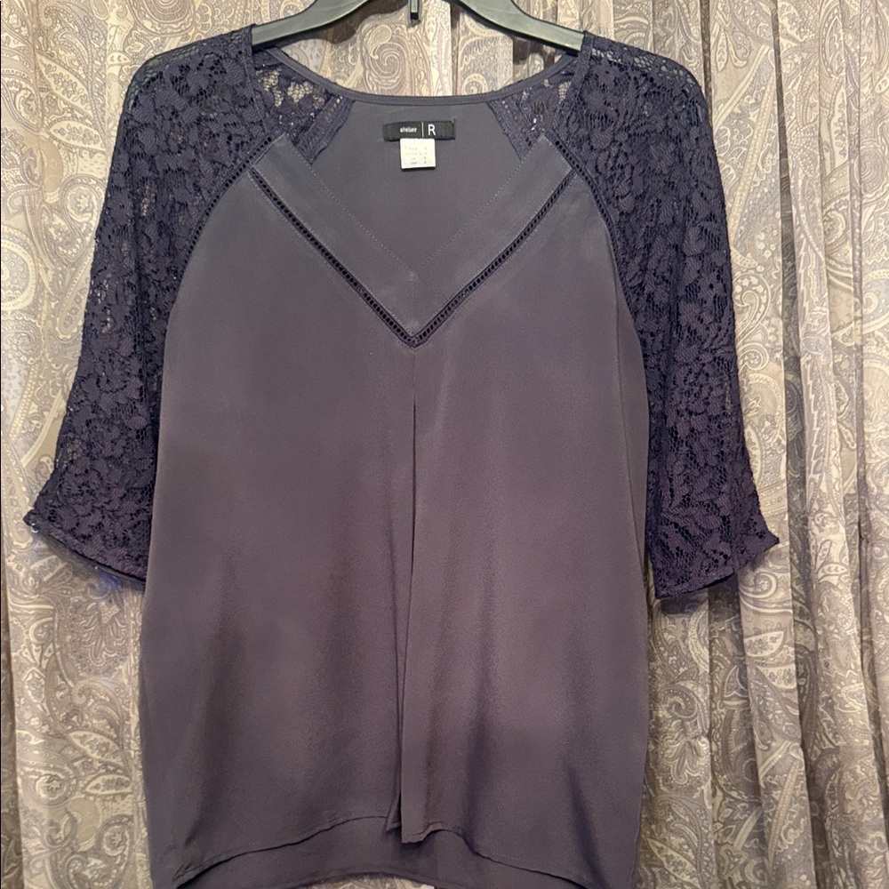 Chic Navy Lace Sleeve Blouse